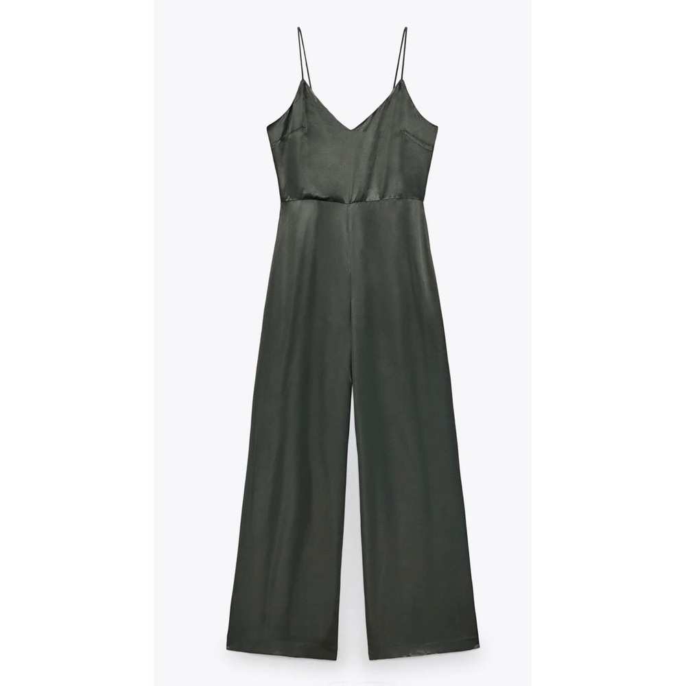 Zara Satin Wide Leg Jumpsuit Dark Green Open Back Tie Spaghetti Strap Size L‎